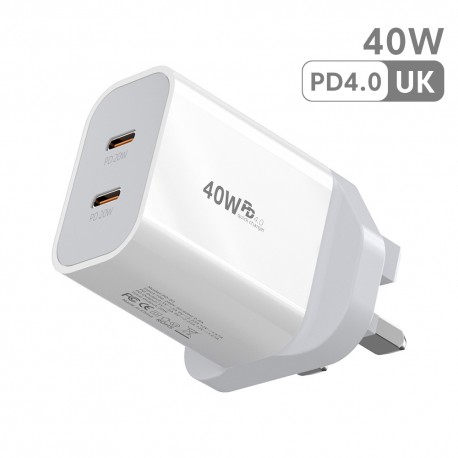 40W USB C Charger Quick Charge QC 3.0 Dual PD Charger Type C Fast Charger Adapter For iPhone Xiaomi Samsung Huawei Phone UK Plug