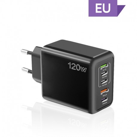 120W PD 5 Port USB Charger Fast Charging QC3.0 USB C Type C Charger For iPhone Huawei Samsung Xiaomi Quick Charge EU Plug Black