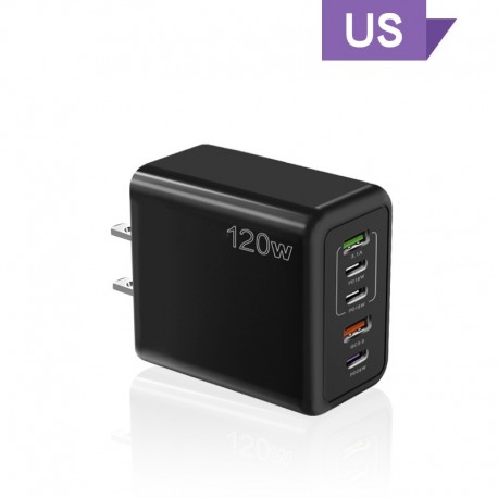 120W PD 5 Port USB Charger Fast Charging QC3.0 USB C Type C Charger For iPhone Huawei Samsung Xiaomi Quick Charge US Plug Black