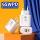 65W GaN Fast Charging USB Type C Charger PD 3.0 Quick Charge Wall Charger For Phone Adapter For iPhone Huawei Samsung US White