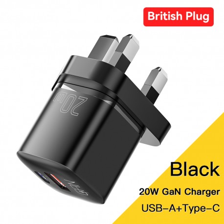 20W GaN USB Type C Charger PD Fast Charge Phone QC 3.0 Chargers For iPhone 14 13 12 11 Pro Max Mini iPad Charging UK Plug Black