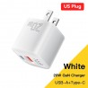 20W GaN USB Type C Charger PD Fast Charge Phone QC 3.0 Chargers For iPhone 14 13 12 11 Pro Max Mini iPad Charging US Plug White