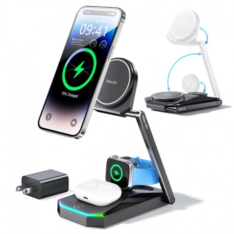 Foldable 3 in 1 Charging Station for iPhone 16 15 14 13 12 Pro Max Fast Wireless Charger Stand for Apple Watch,AirPods Series