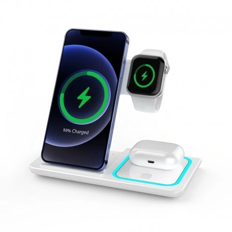 30W LED Fast Wireless Charger 3 in 1 Charging Station For iPhone 16 15 14 13 12 11 Apple Watch 9 8 7 6 5 Airpods Pro/3 White